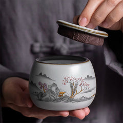 Mountain Pattern Ceramic Tea Caddy - 6oz Airtight Storage Jar