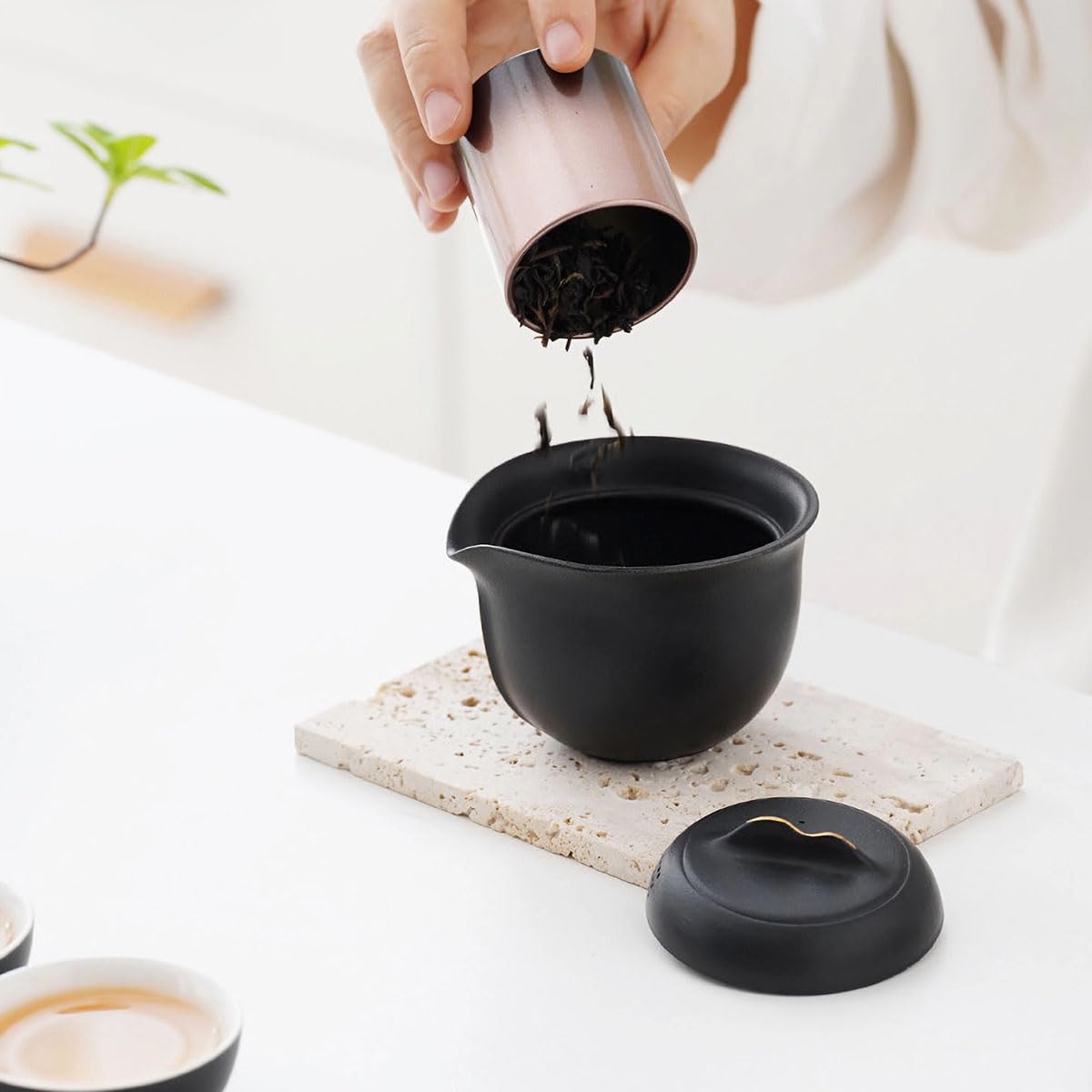 Black Frosted Travel Tea Set - Portable 1 Pot 3 Cup Ceramic Set with Carry Bag
