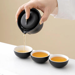 Black Frosted Travel Tea Set - Portable 1 Pot 3 Cup Ceramic Set with Carry Bag