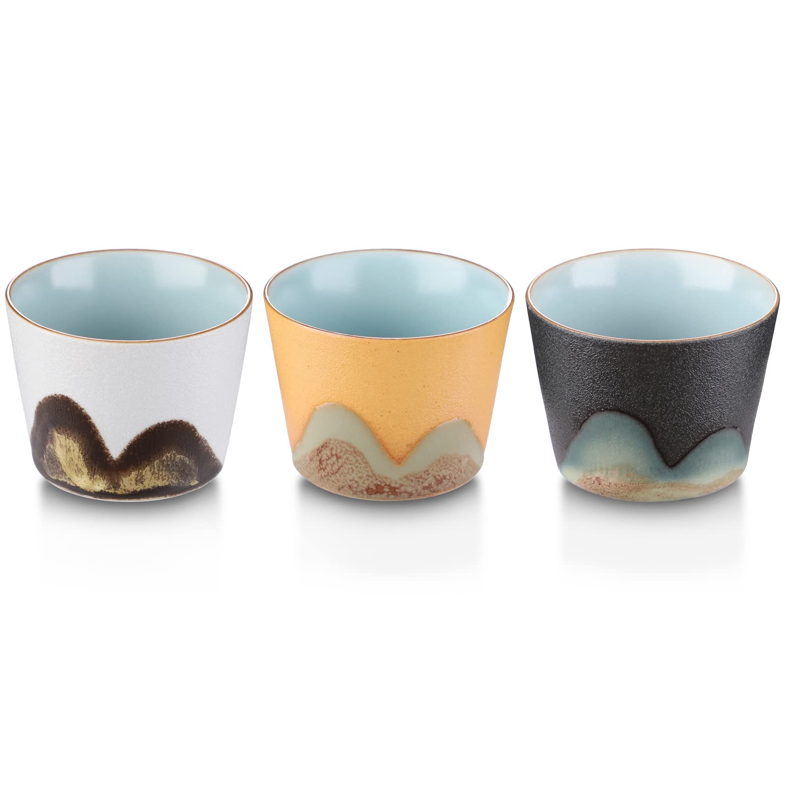 Set of 3 Retro Ceramic Tea Cups - Small Porcelain Cups for Tea & Sake