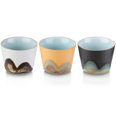 Set of 3 Retro Ceramic Tea Cups - Small Porcelain Cups for Tea & Sake