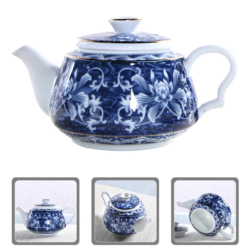 Blue & White Porcelain Stovetop Teapot - Floral Ceramic Tea Kettle with Filter