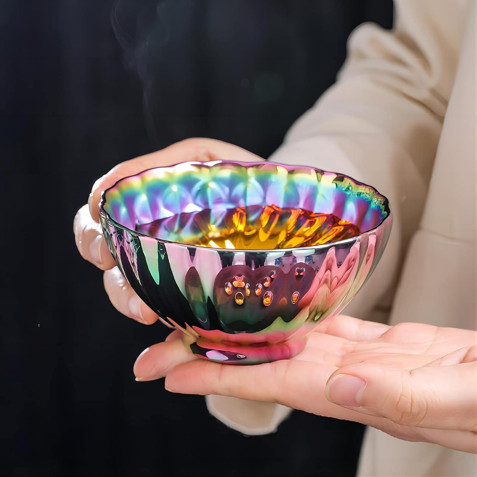 Golden Lotus Jianzhan Tea Cup - 5oz Silver Inlaid Ceramic Cha Wan