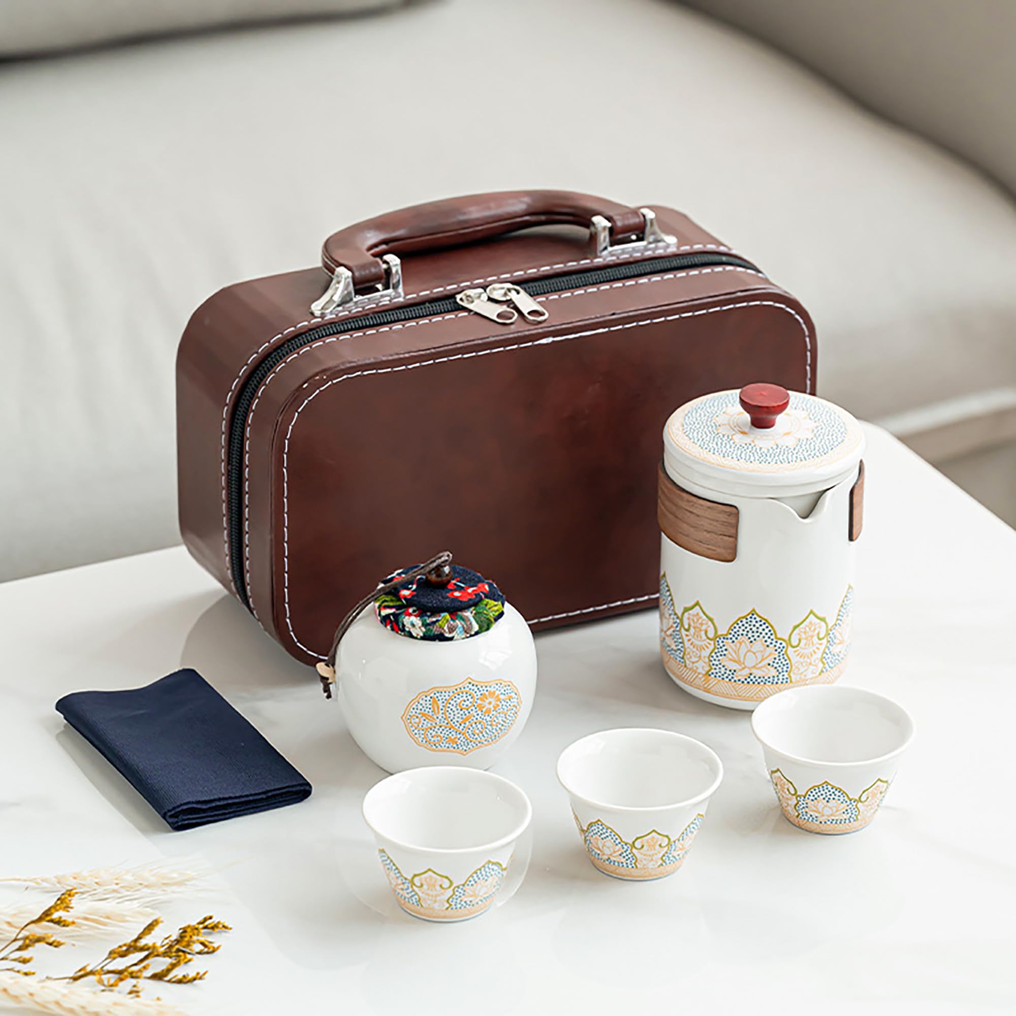 Lotus Travel Tea Set - 5-Piece Ceramic Kit in Leather Case