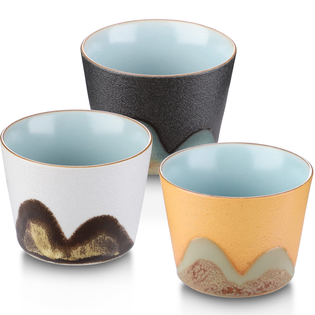 Set of 3 Retro Ceramic Tea Cups - Small Porcelain Cups for Tea & Sake