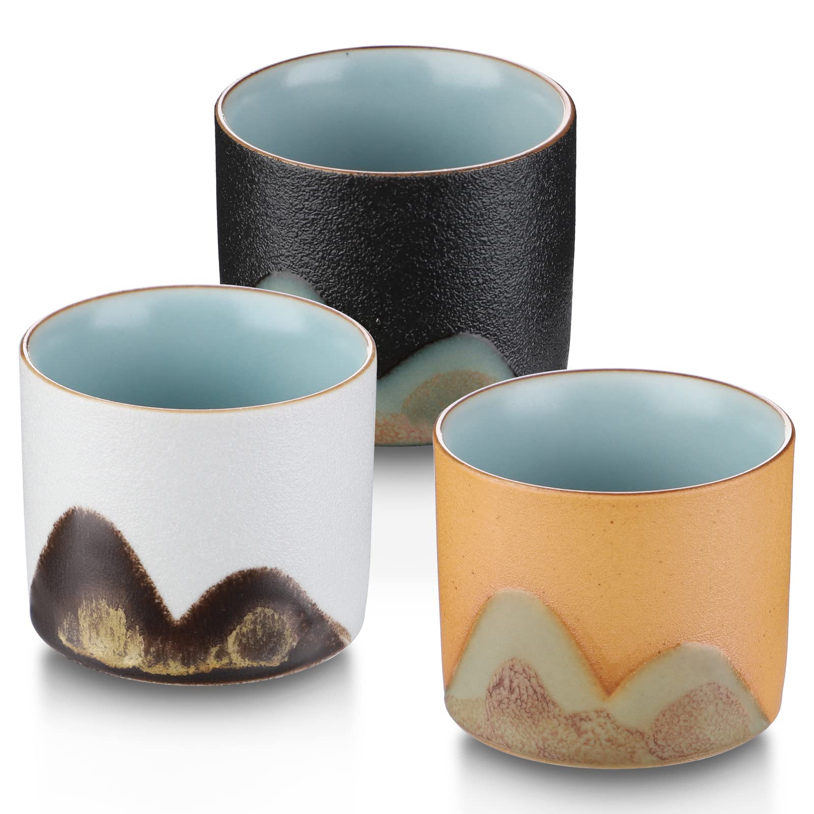 Set of 3 Retro Ceramic Tea Cups - Small Porcelain Cups for Tea & Sake