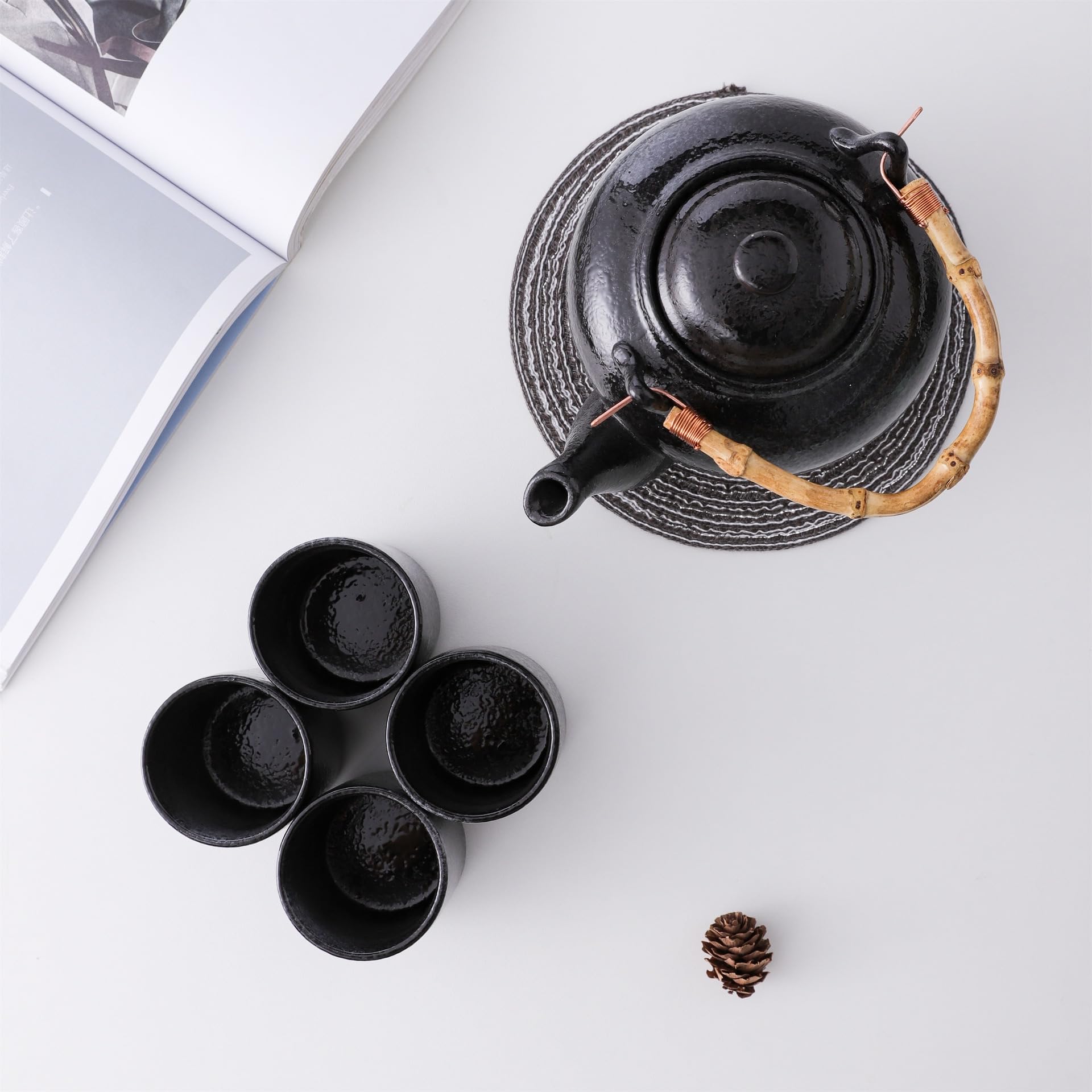 Black Porcelain Tea Set with Tray - 1 Teapot & 4 Cups for Home Brewing