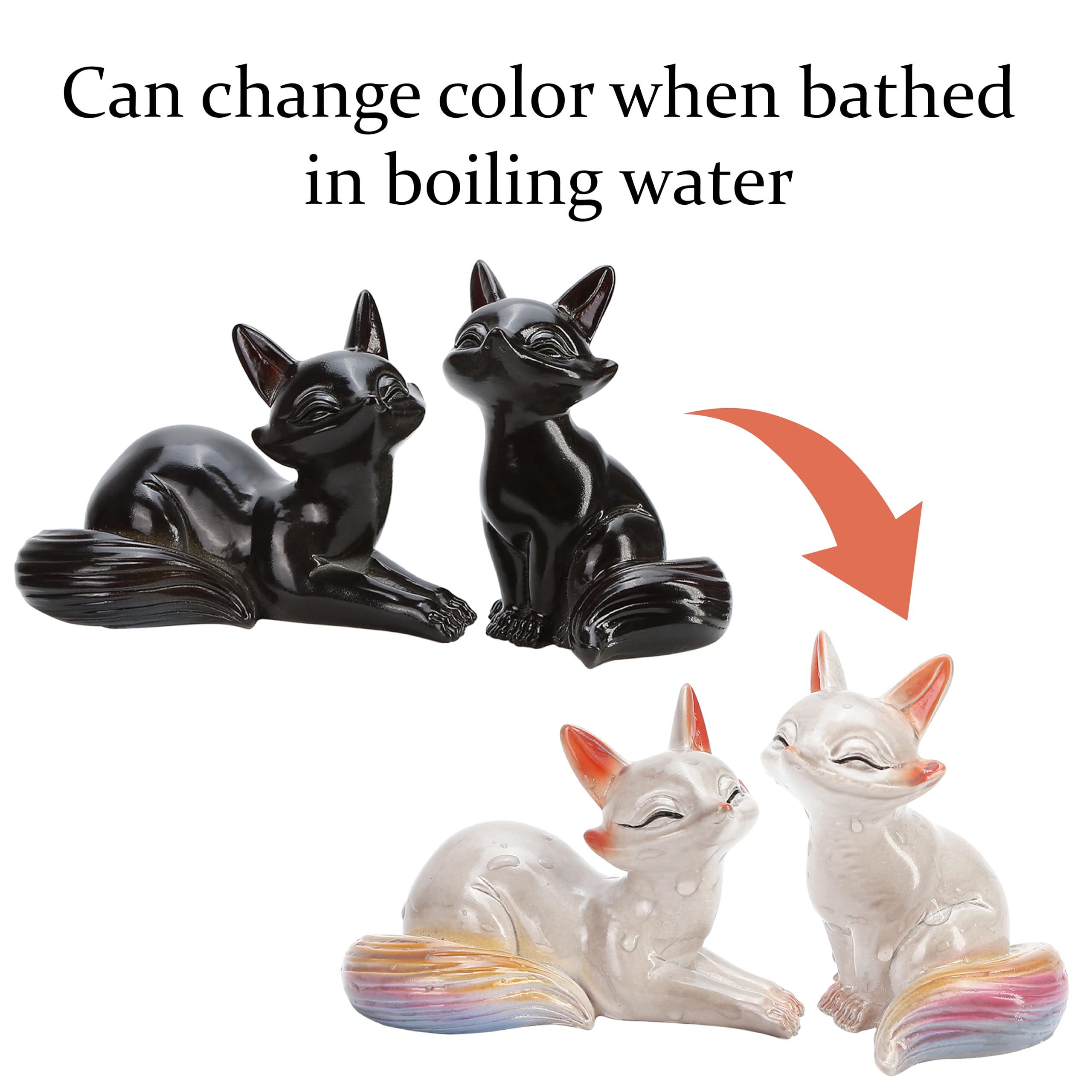 Heat-Sensitive Fox Tea Pet Duo - Color-Changing Resin Figurine Set
