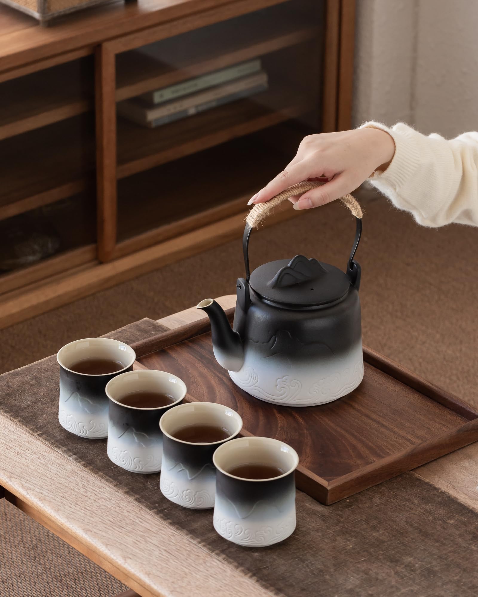 Japanese Gradient Ceramic Teapot Set - 4 Cups with Hemp Handle & Strainer