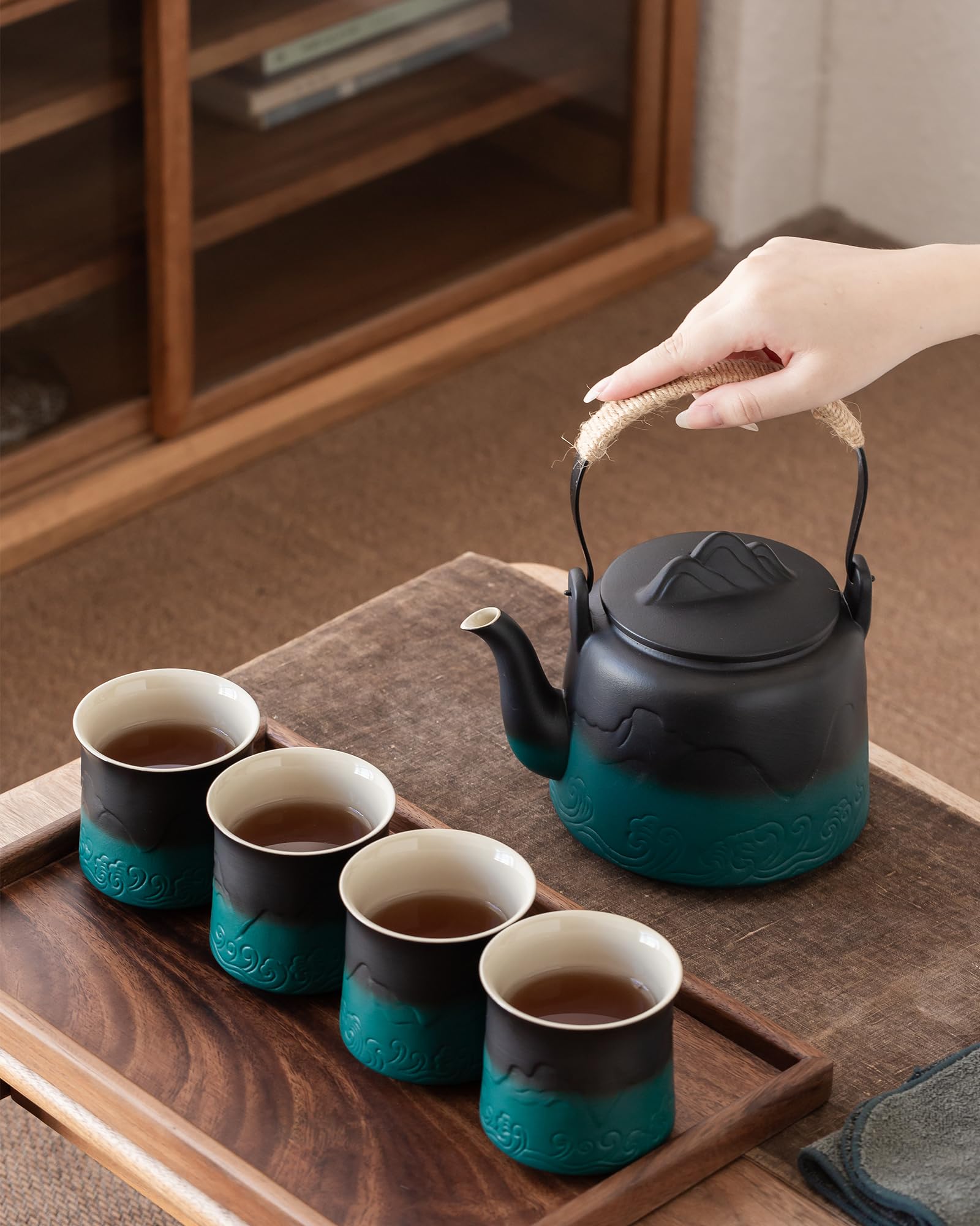 Japanese Gradient Ceramic Teapot Set - 4 Cups with Hemp Handle & Strainer