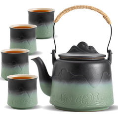 Japanese Gradient Ceramic Teapot Set - 4 Cups with Hemp Handle & Strainer