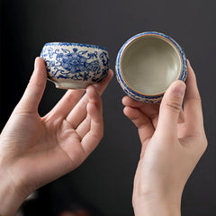 Classic Blue and White Porcelain Tea Set - Ice Crack Glaze Teapot with Two Cups