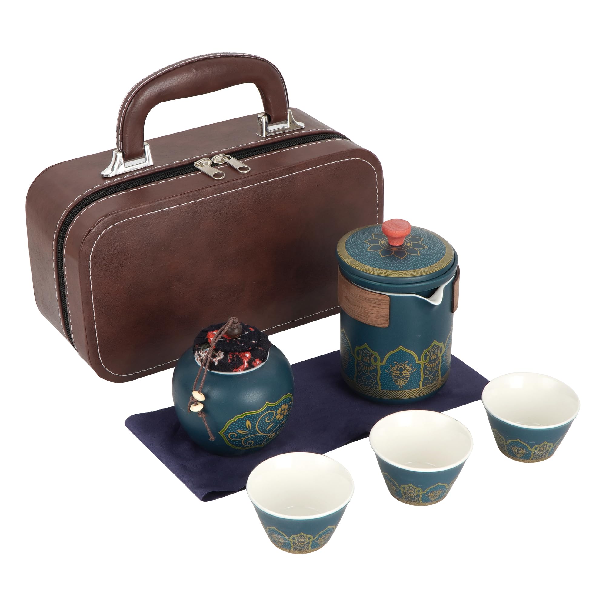 Lotus Travel Tea Set - 5-Piece Ceramic Kit in Leather Case