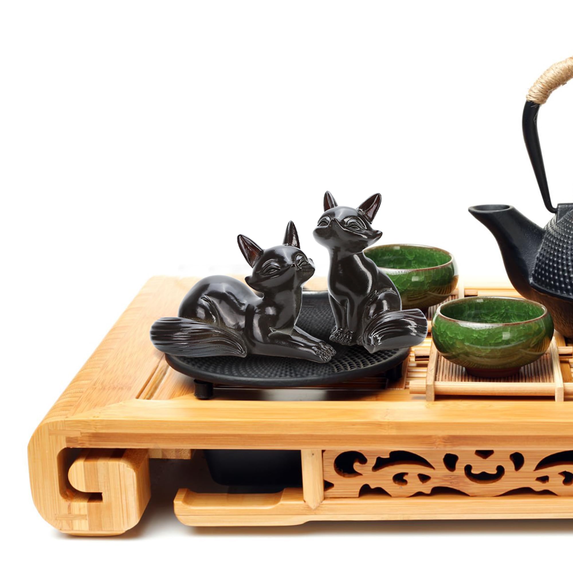Heat-Sensitive Fox Tea Pet Duo - Color-Changing Resin Figurine Set