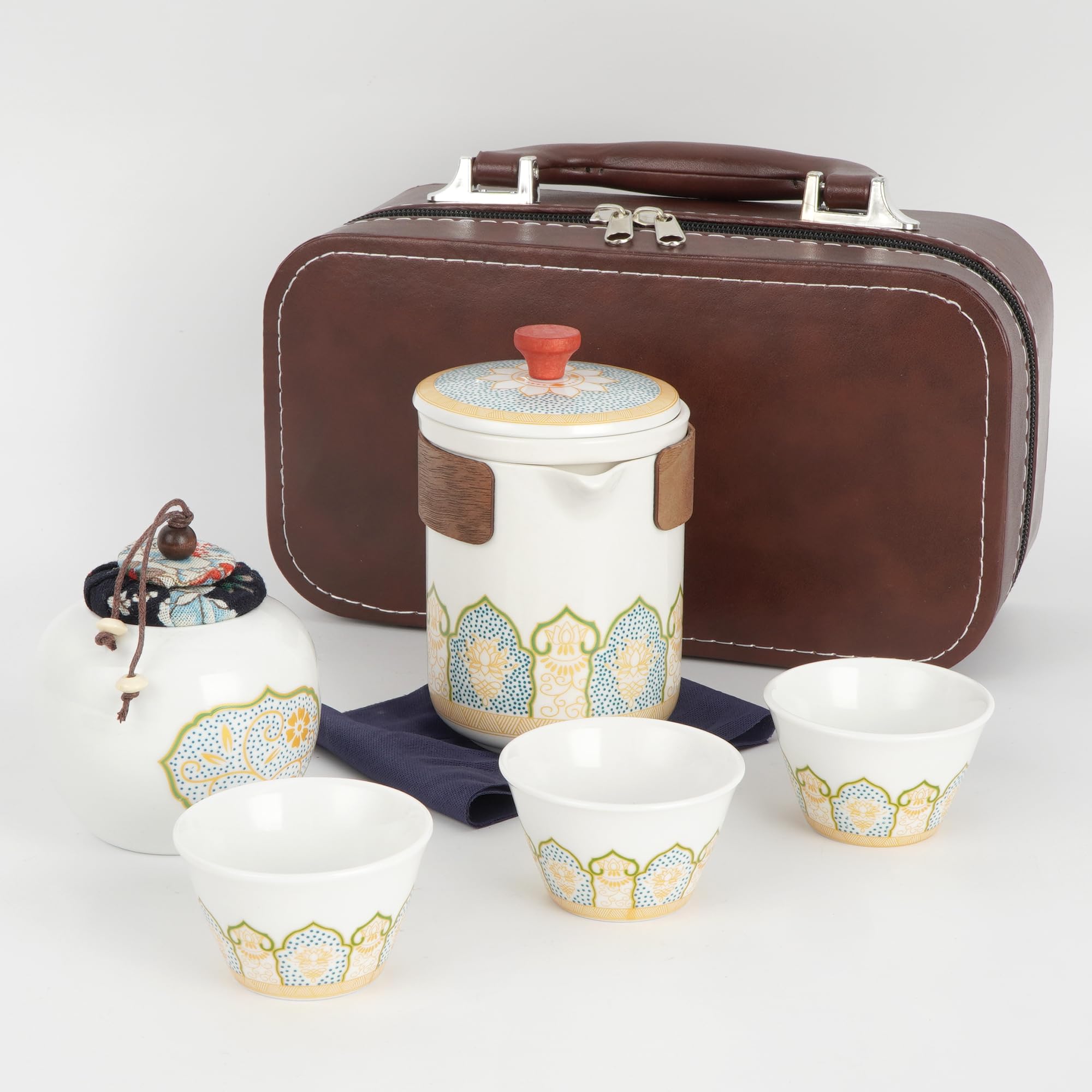 Lotus Travel Tea Set - 5-Piece Ceramic Kit in Leather Case