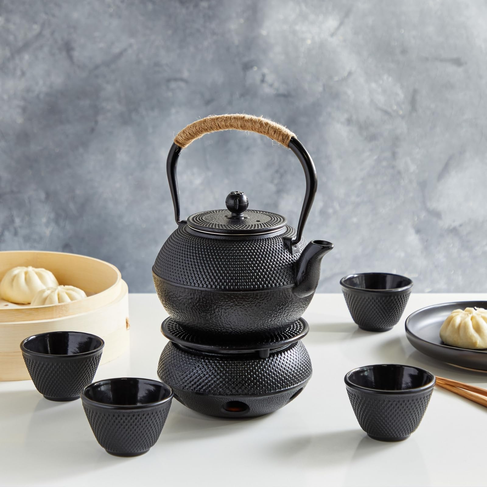 Classic Cast Iron Tea Set - 40oz Stovetop Kettle with 4 Cups & Warmer