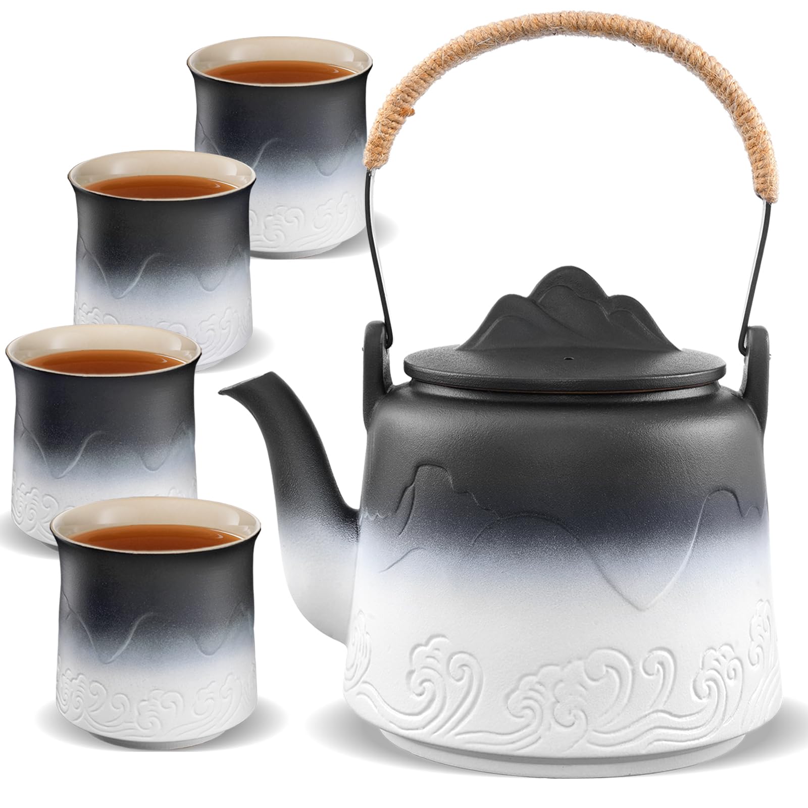 Japanese Gradient Ceramic Teapot Set - 4 Cups with Hemp Handle & Strainer