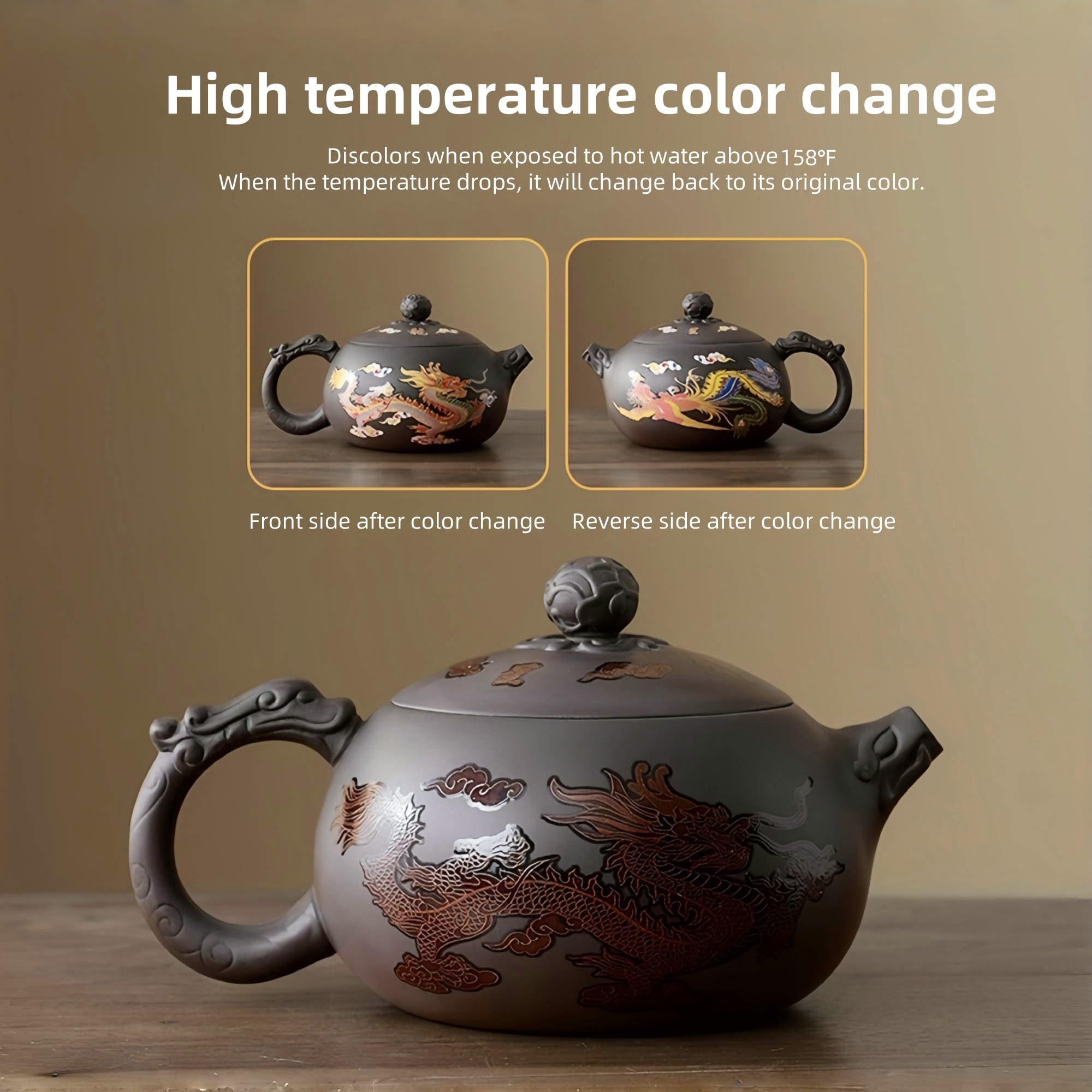 Dragon & Phoenix Purple Clay Set - Color-Changing Teapot with 2 Cups