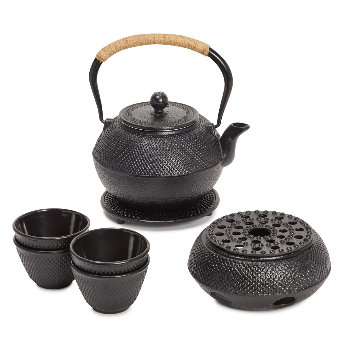 Classic Cast Iron Tea Set - 40oz Stovetop Kettle with 4 Cups & Warmer