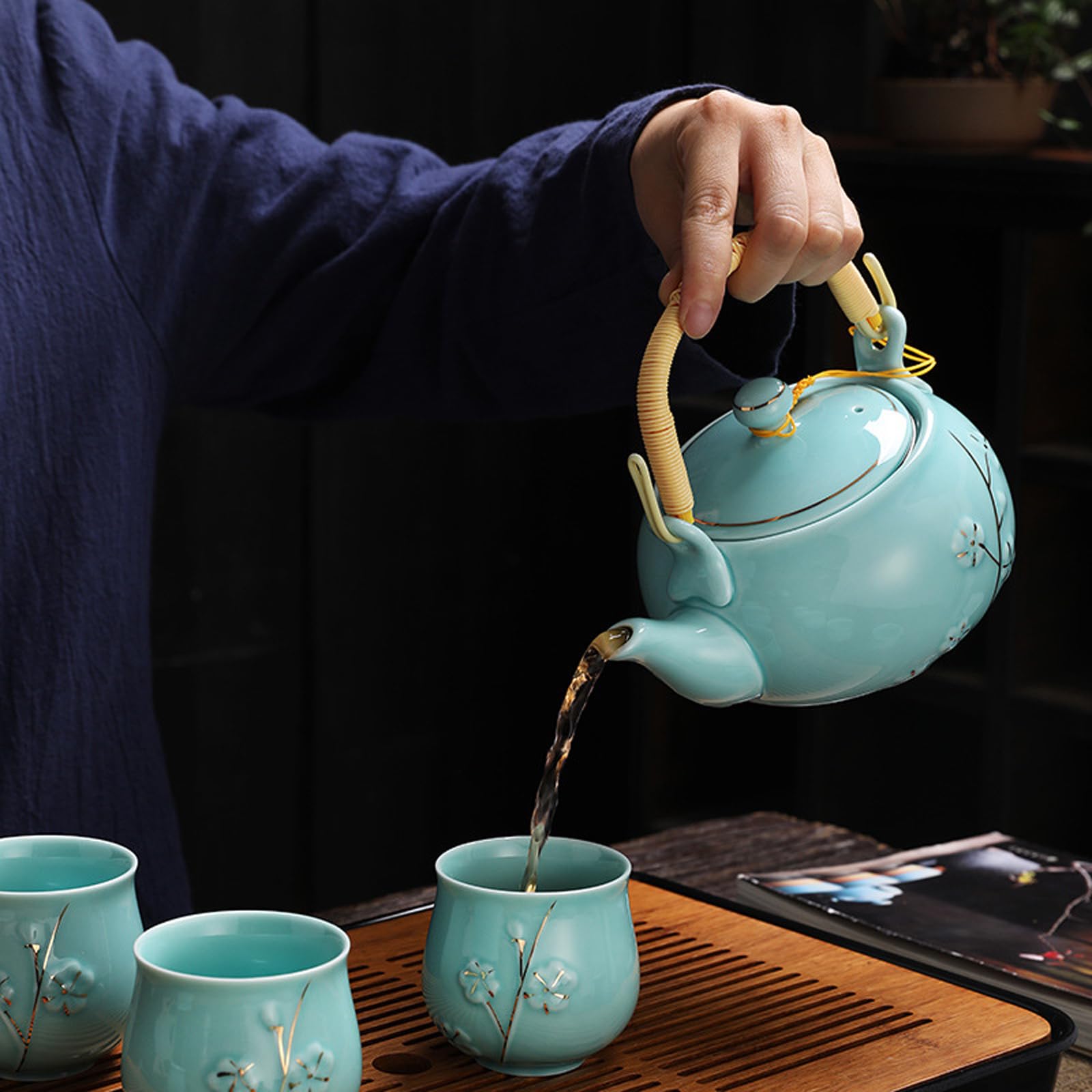 Plum Blossom Ceramic Tea Set - 1 Teapot 6 Cups with Bamboo Tray