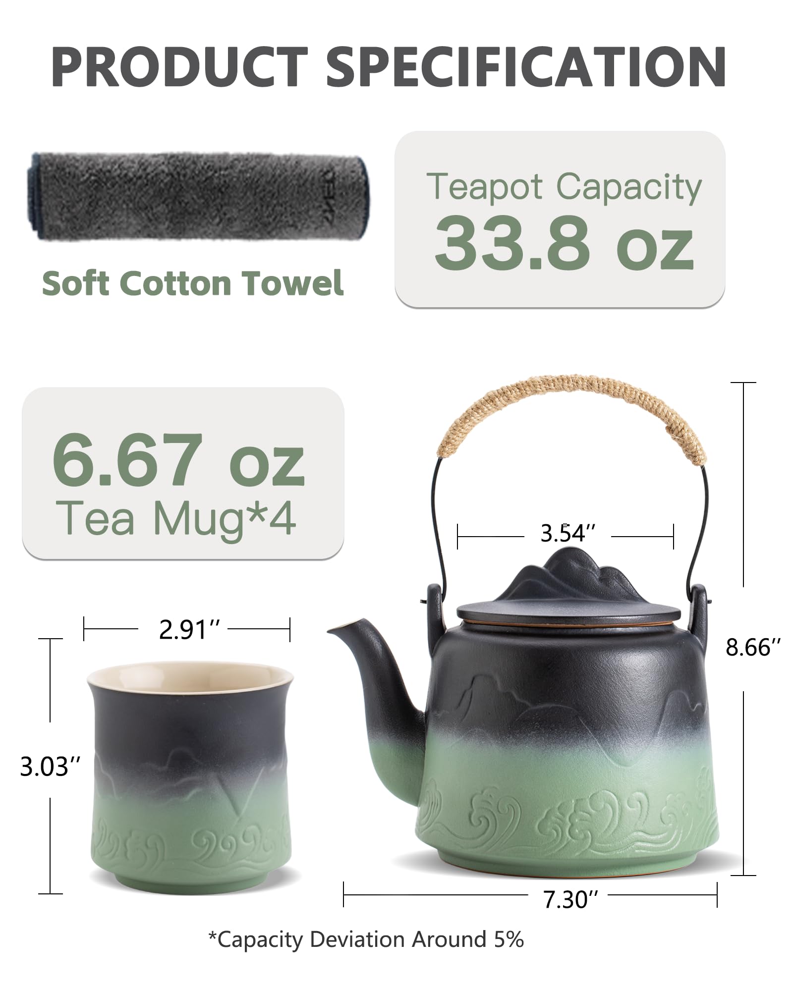 Japanese Gradient Ceramic Teapot Set - 4 Cups with Hemp Handle & Strainer