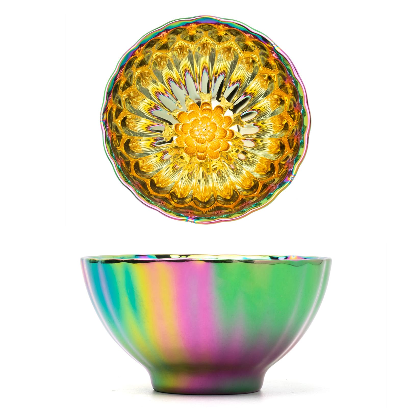 Golden Lotus Jianzhan Tea Cup - 5oz Silver Inlaid Ceramic Cha Wan