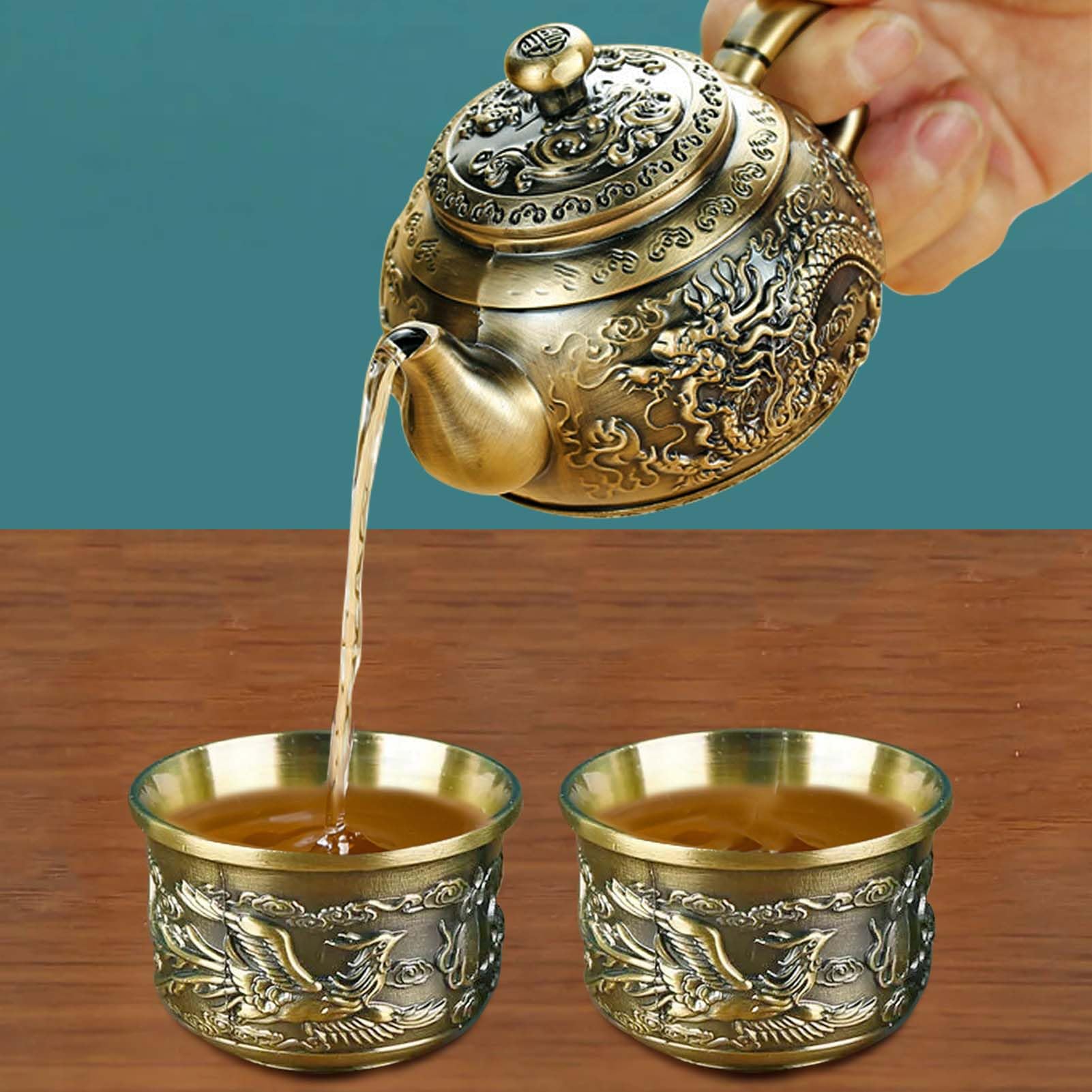 Mini Zinc Alloy Tea Set - Oriental Craft Teapot with 4 Cups & Tray