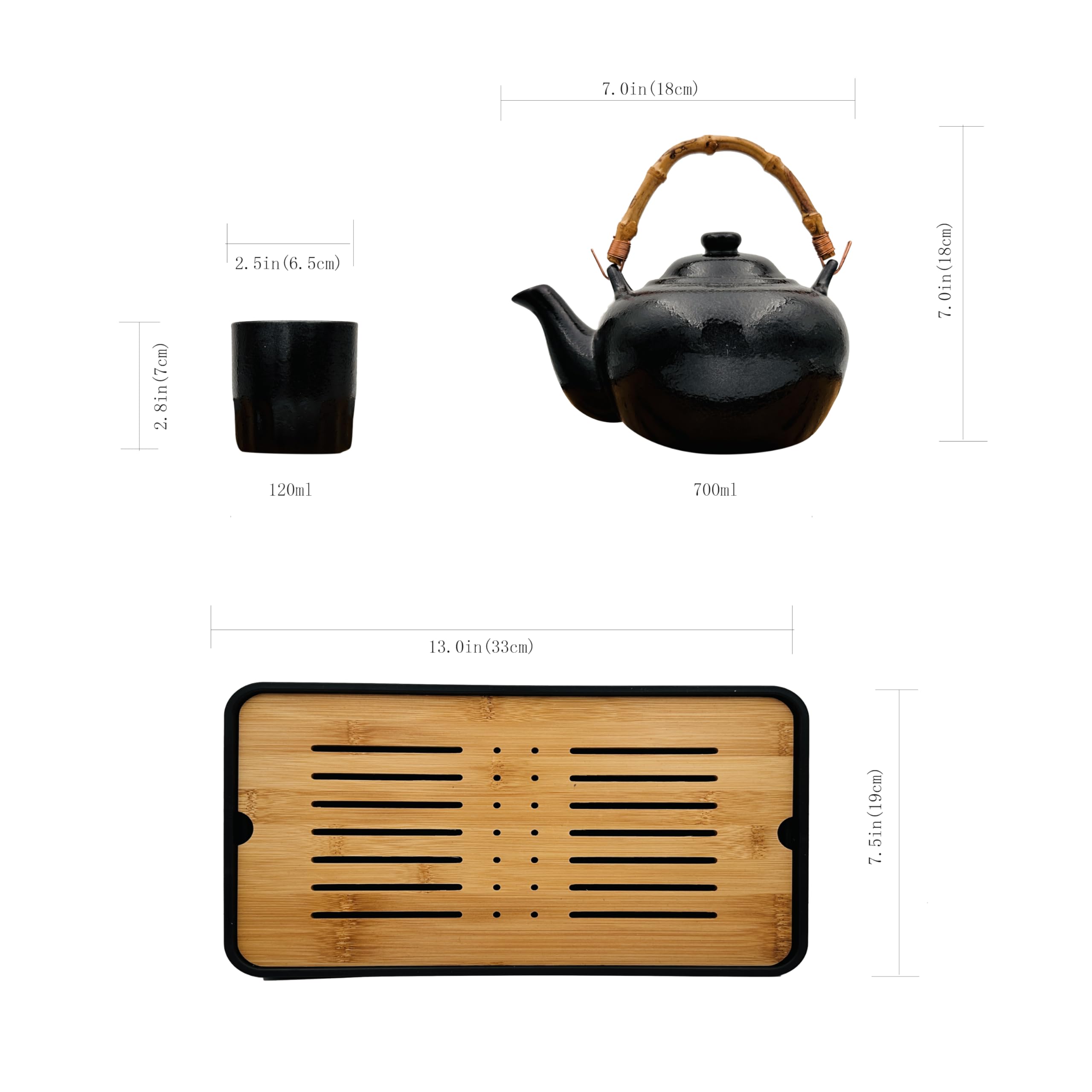 Black Porcelain Tea Set with Tray - 1 Teapot & 4 Cups for Home Brewing