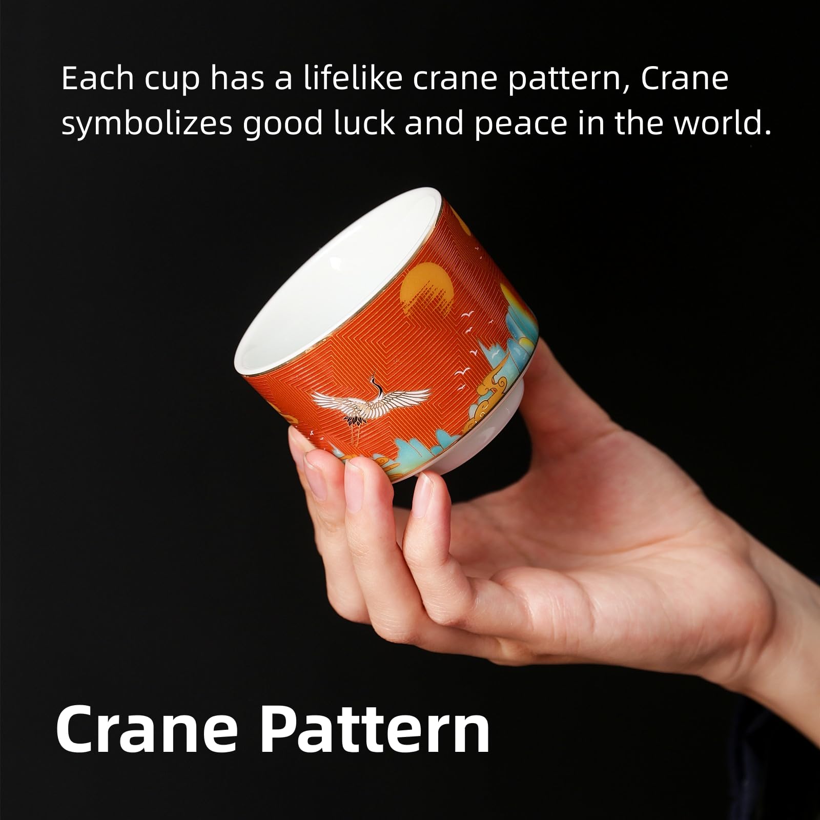 Crane Pattern Tea Cup Set - 4 Enamel Ceramic Cups for Matcha & Tea