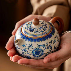 Classic Blue and White Porcelain Tea Set - Ice Crack Glaze Teapot with Two Cups