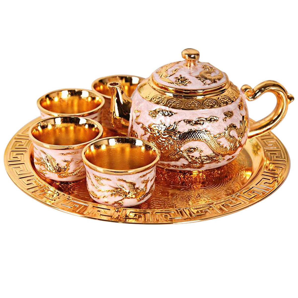 Mini Zinc Alloy Tea Set - Oriental Craft Teapot with 4 Cups & Tray