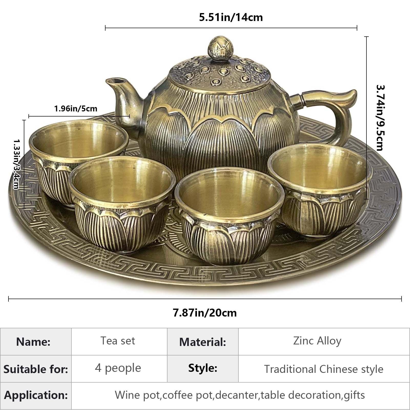Mini Zinc Alloy Tea Set - Oriental Craft Teapot with 4 Cups & Tray