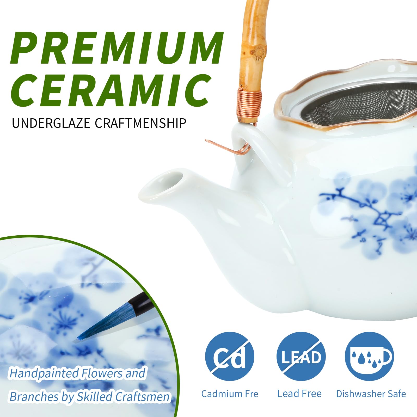 Blue White Plum Bamboo Tea Set - 4 Piece Porcelain Set with Tray