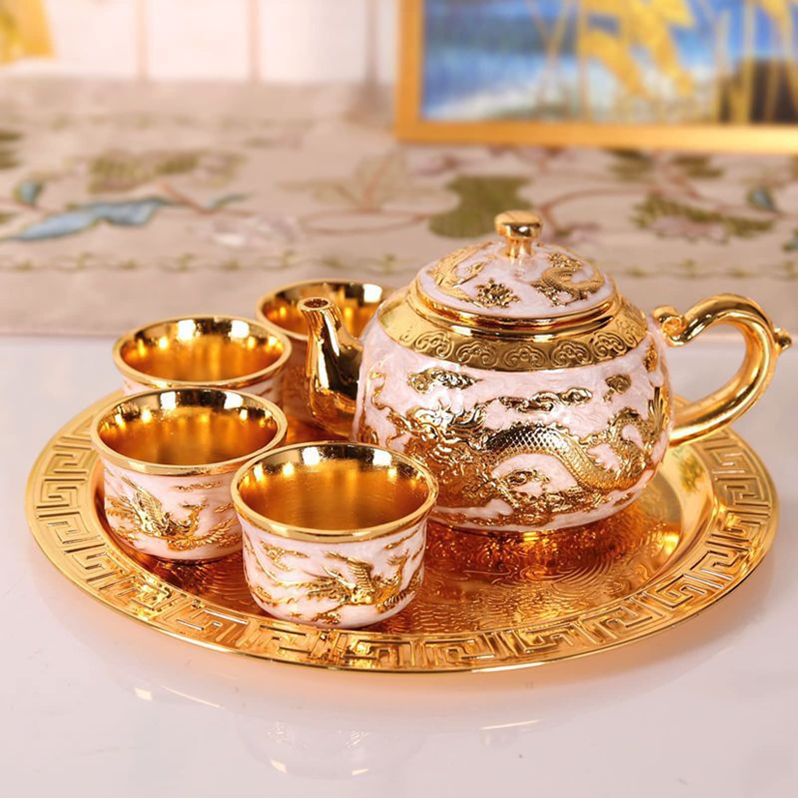 Mini Zinc Alloy Tea Set - Oriental Craft Teapot with 4 Cups & Tray