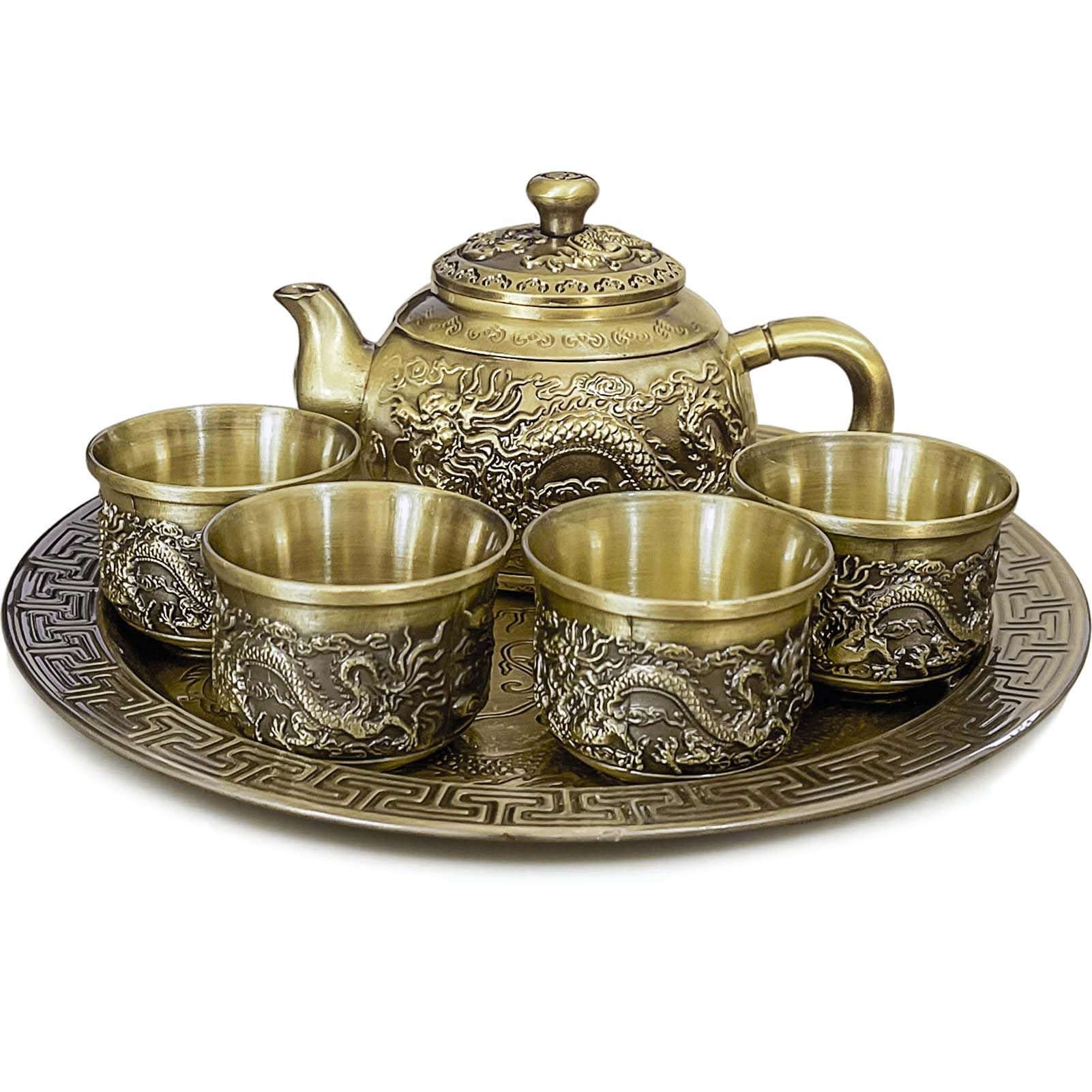 Mini Zinc Alloy Tea Set - Oriental Craft Teapot with 4 Cups & Tray