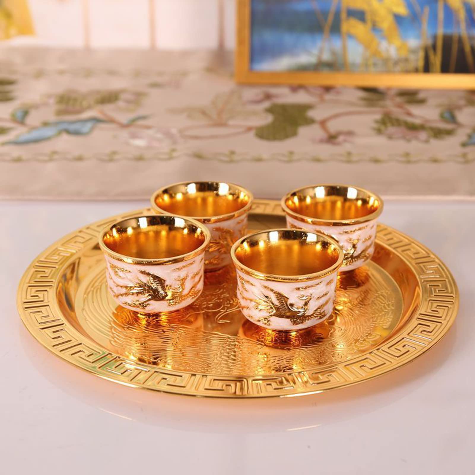 Mini Zinc Alloy Tea Set - Oriental Craft Teapot with 4 Cups & Tray