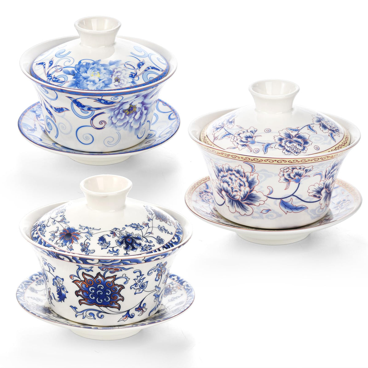 3-Piece Porcelain Gaiwan Set - 10oz Cups with Lids & Saucers