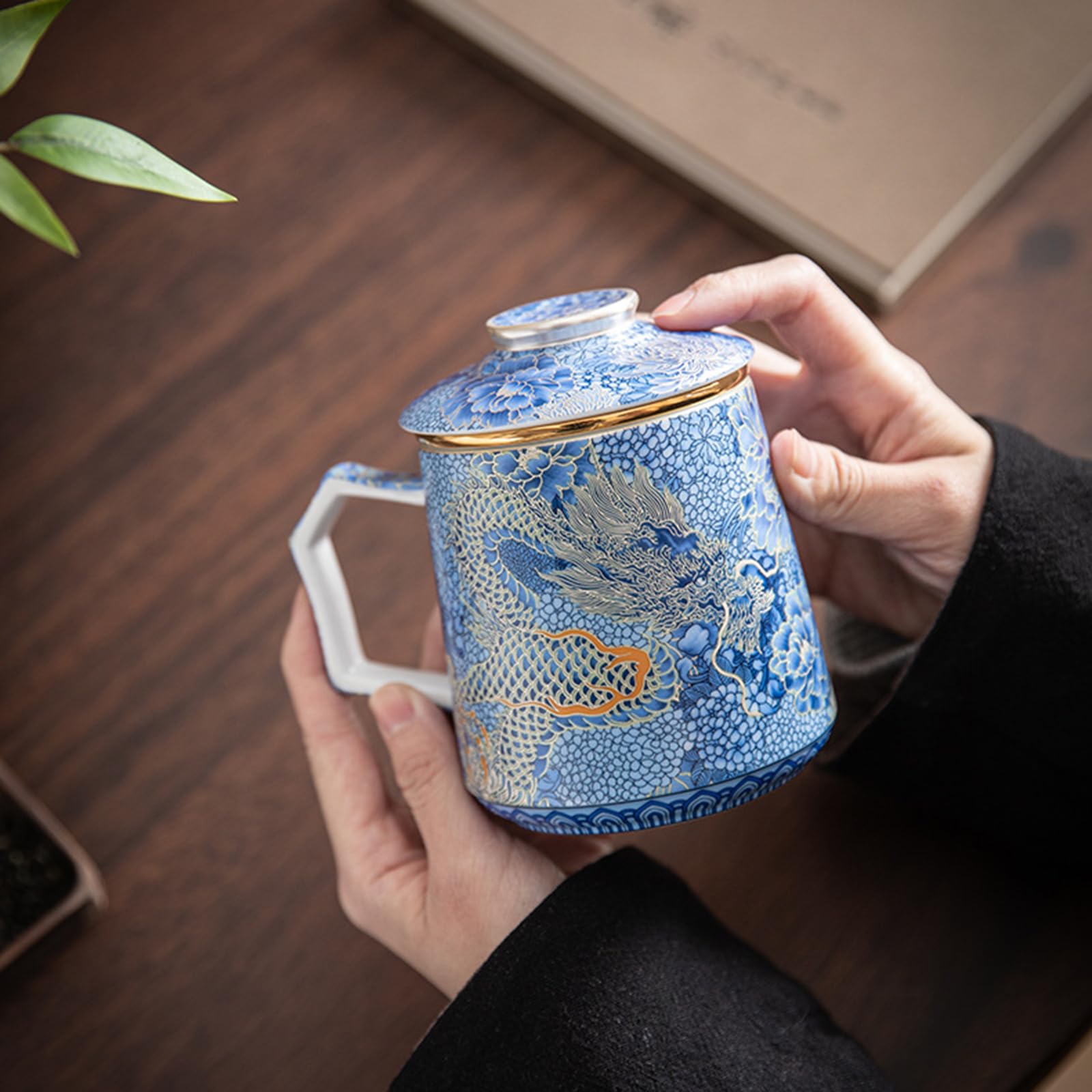 Blue Dragon Tea Mug with Lid - Ceramic Loose Leaf Brewing Cup