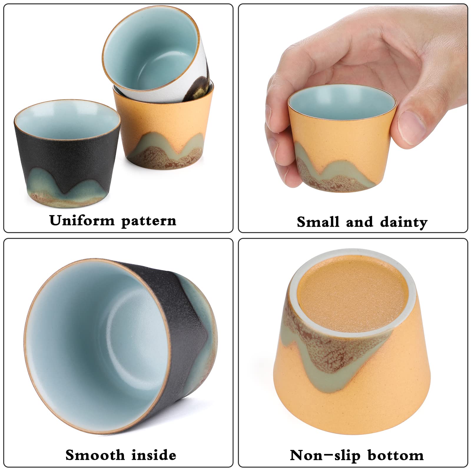Set of 3 Retro Ceramic Tea Cups - Small Porcelain Cups for Tea & Sake