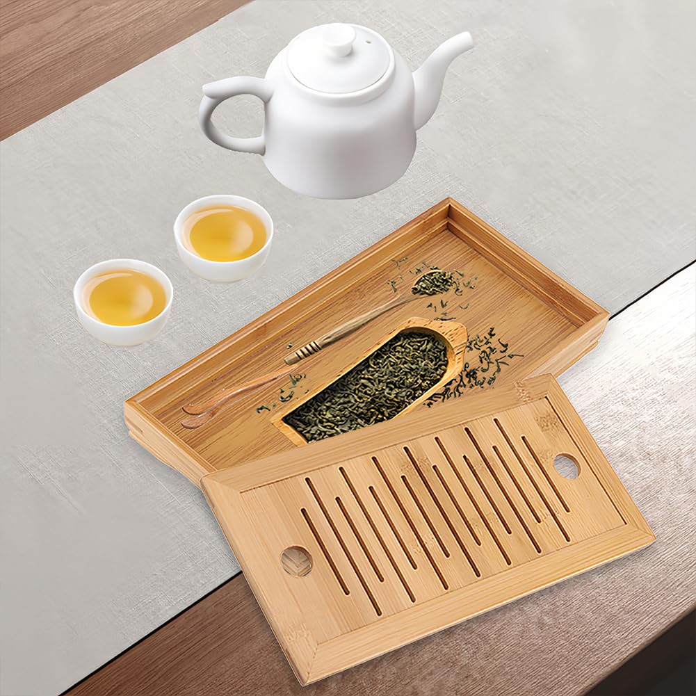 Drawer-Type Bamboo Tea Tray - Compact Drainage Board with Hidden Storage