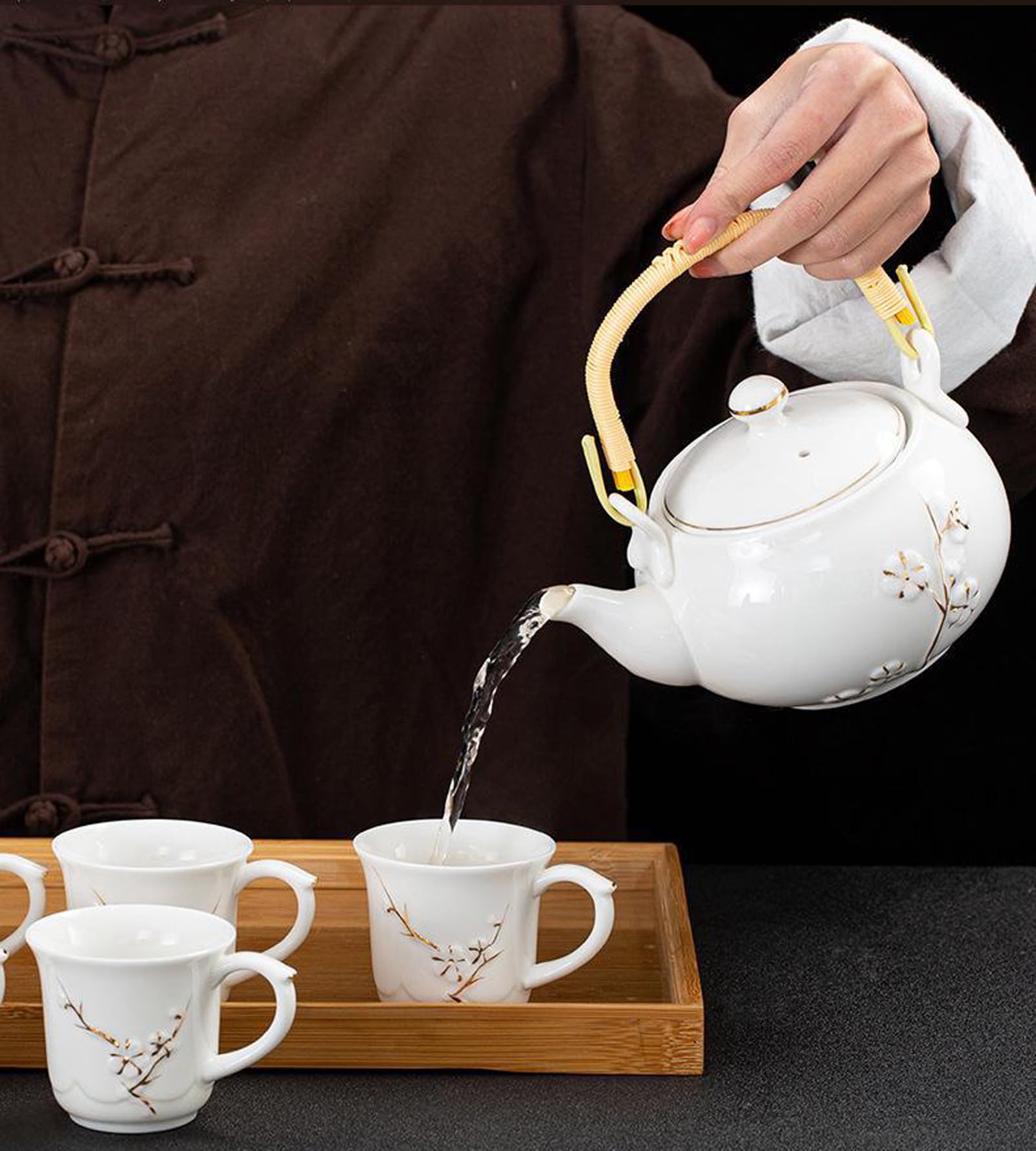 Plum Blossom Ceramic Tea Set - 1 Teapot 6 Cups with Bamboo Tray