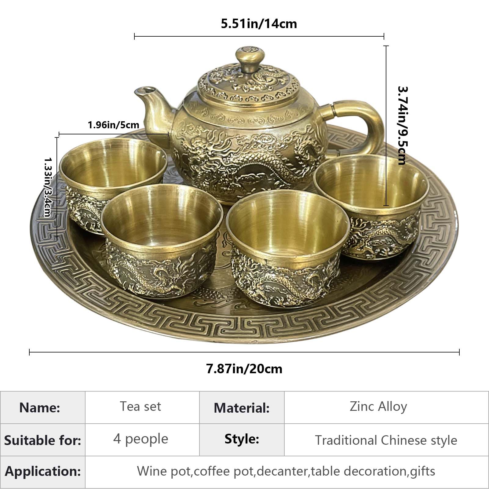 Mini Zinc Alloy Tea Set - Oriental Craft Teapot with 4 Cups & Tray