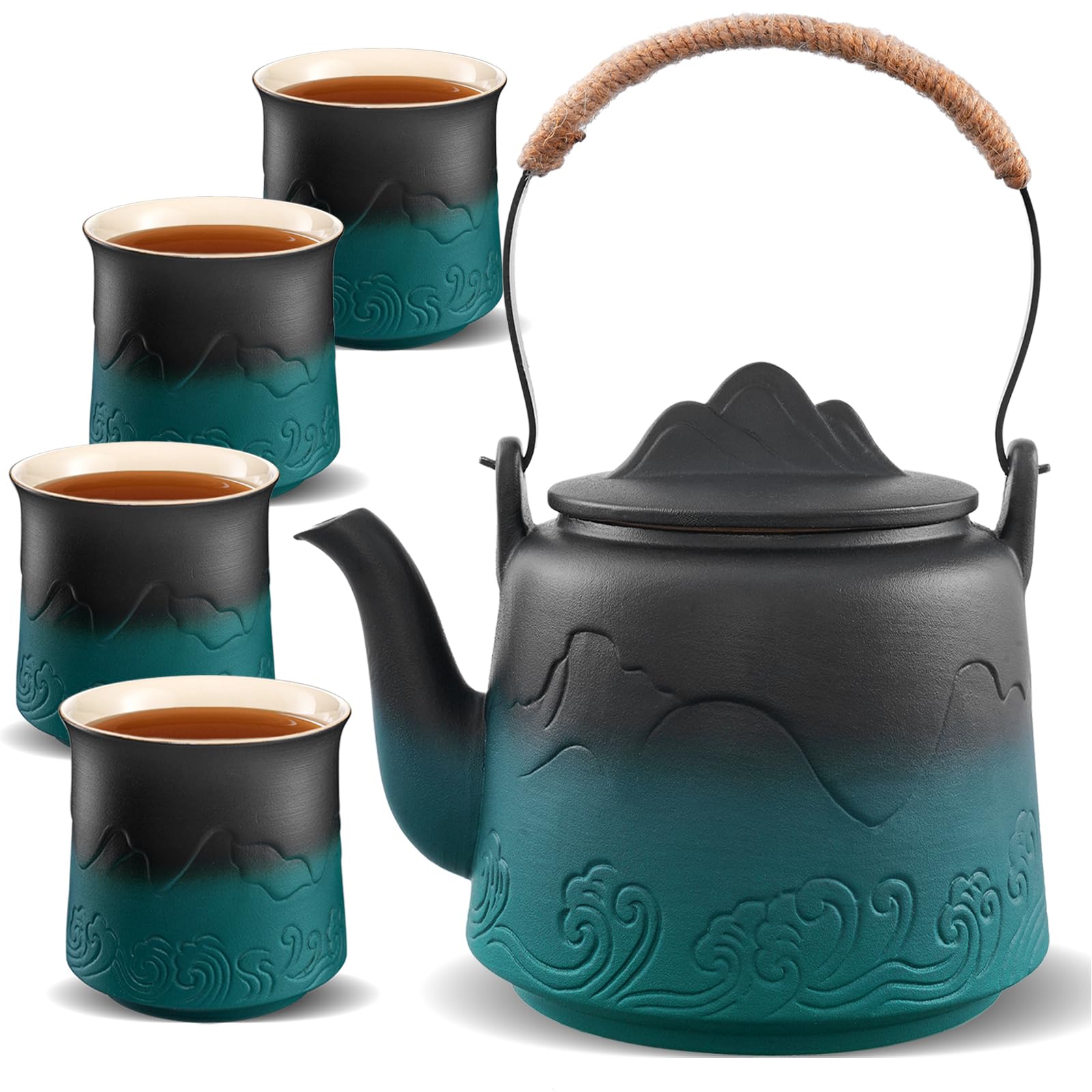 Japanese Gradient Ceramic Teapot Set - 4 Cups with Hemp Handle & Strainer