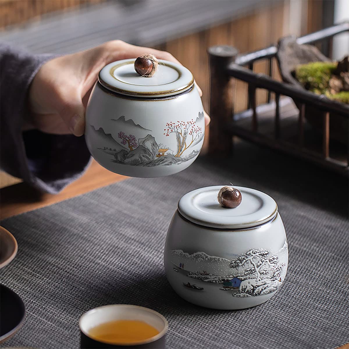 Mountain Pattern Ceramic Tea Caddy - 6oz Airtight Storage Jar