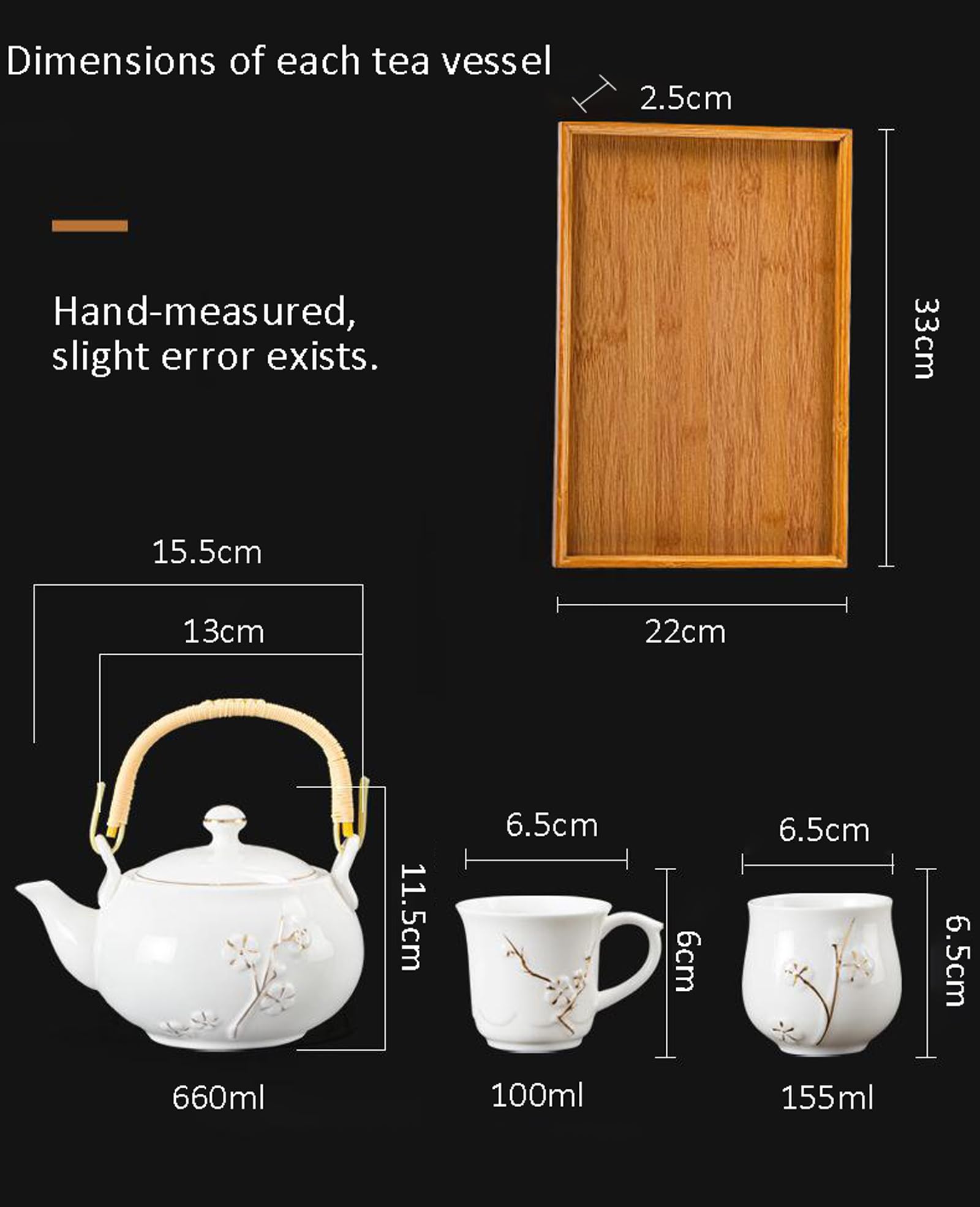 Plum Blossom Ceramic Tea Set - 1 Teapot 6 Cups with Bamboo Tray