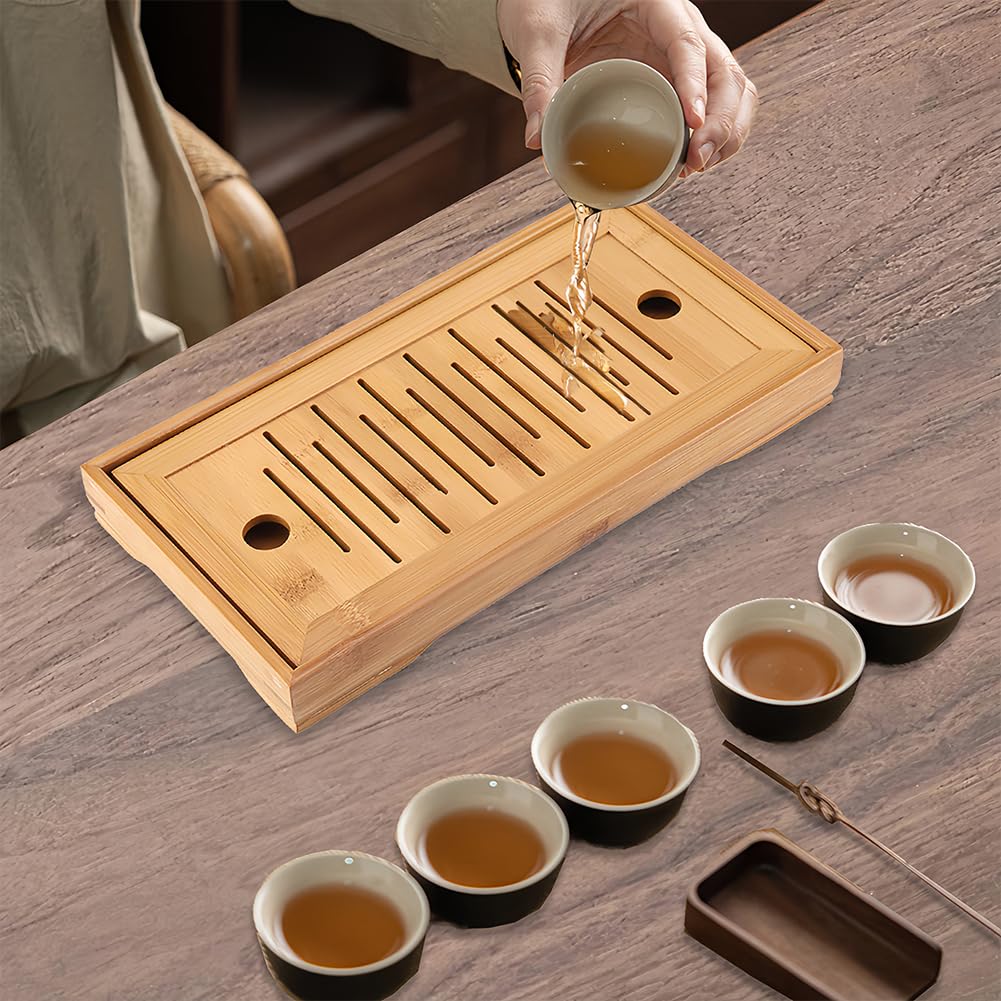 Drawer-Type Bamboo Tea Tray - Compact Drainage Board with Hidden Storage