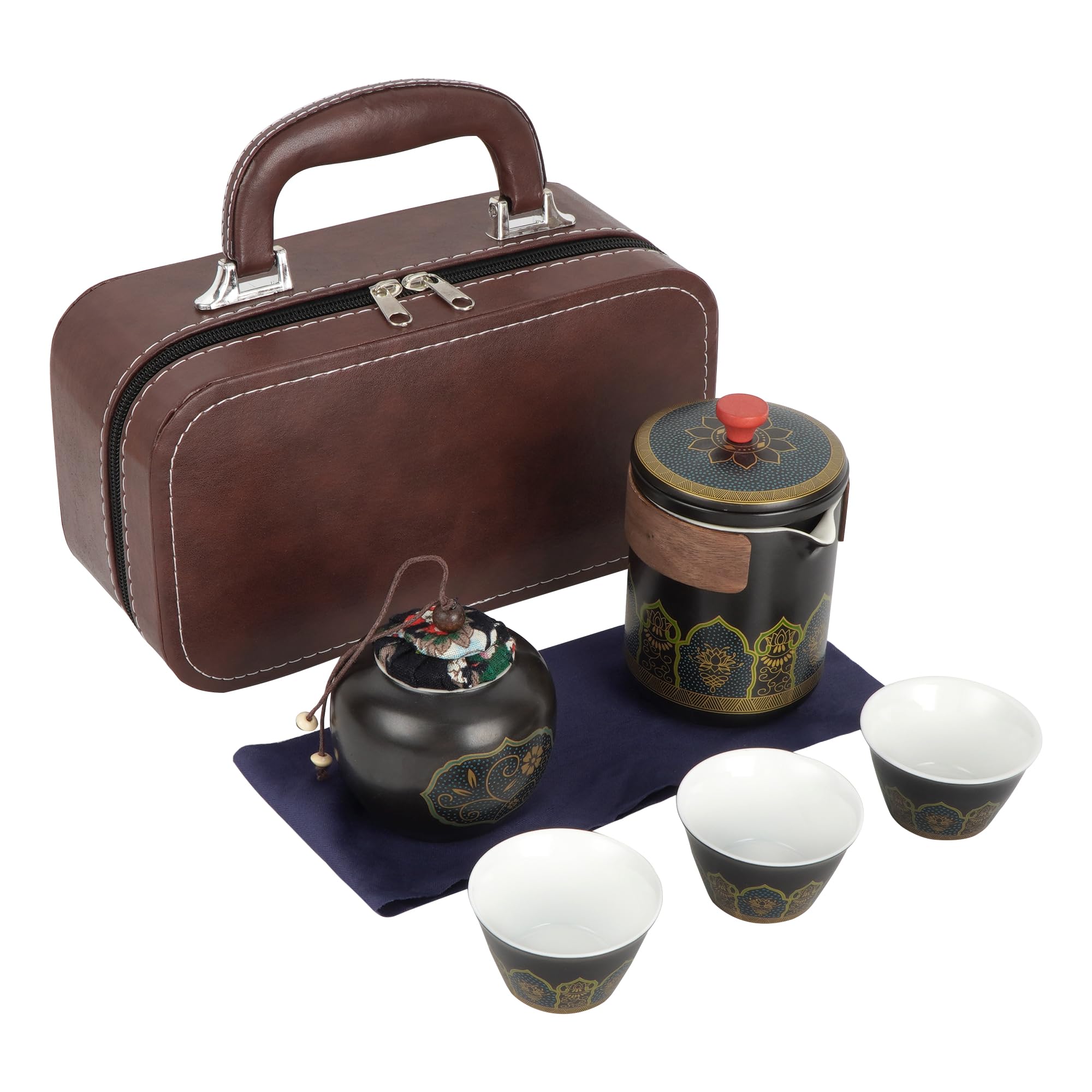 Lotus Travel Tea Set - 5-Piece Ceramic Kit in Leather Case