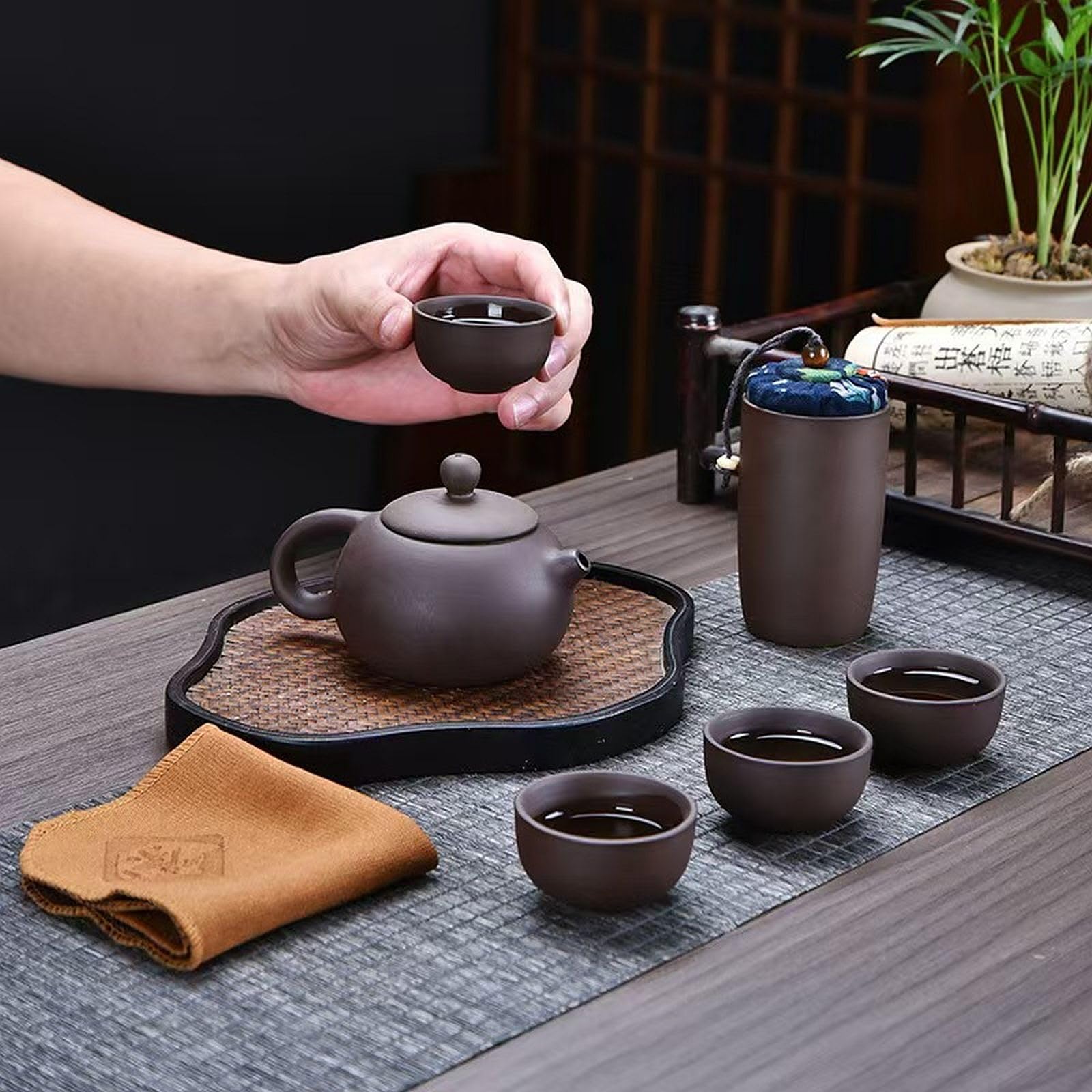 Portable Zisha Clay Tea Set - 4-Piece Travel Kit with Carry Bag