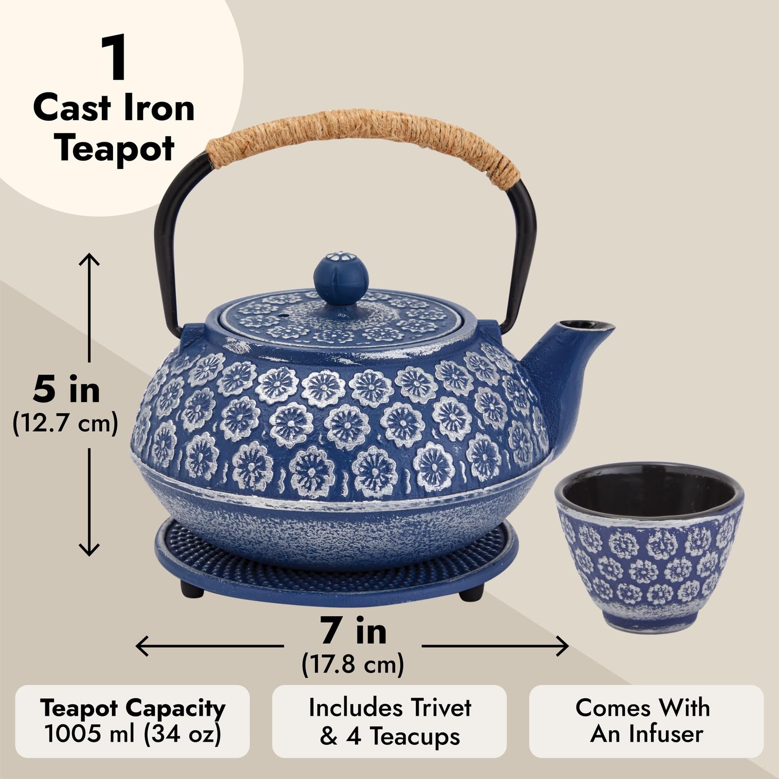 Classic Blue Cast Iron Tea Set - 32oz Pot with Infuser & 4 Cups