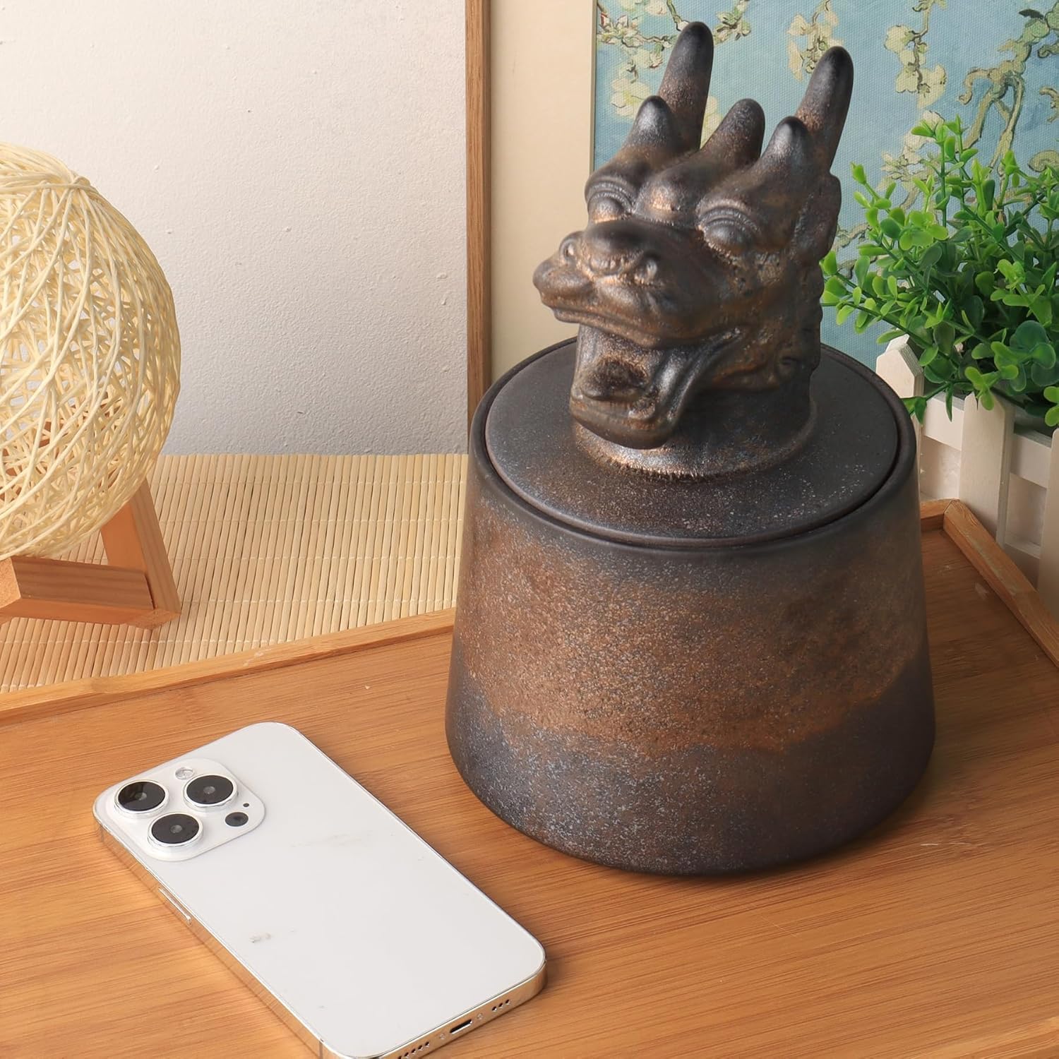 Golden Dragon Ceramic Tea Canister - 1000ml Handcrafted Zodiac Storage Jar